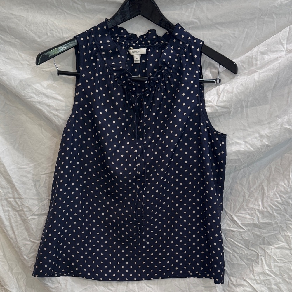 J. Crew Navy and White Polka Dot Sleeveless Blouse